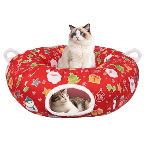 Cat Tunnel Christmas Tree Skirt, Cute Cat Tunnel Bed Under Christmas Tree with Washable Mat, Dangling Balls, Circle Pet Donut Tube Bed for Kitten Puppy Rabbit, Cats Xmas Toy Gifts