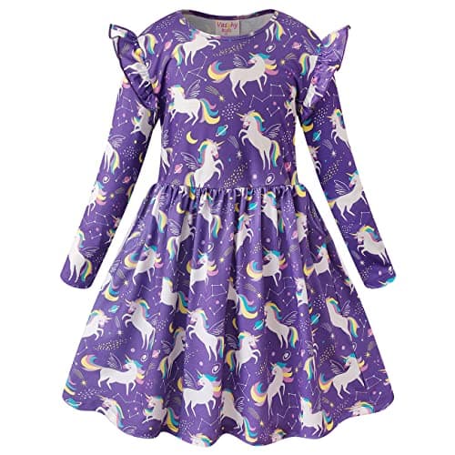 VASCHY Unicorn Girls Dress, Soft Twirly Stretchy Casual Daily Long Sleeve Ruffle Dress for Toddler/Little/Big Kid Girls Clothes Size 5-6T Purple