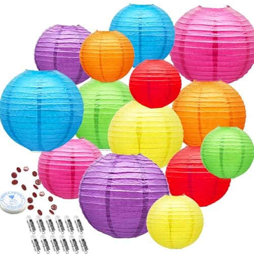 ADLKGG 14 Pack Paper Lanterns with Lights, Colorful Party Decorations