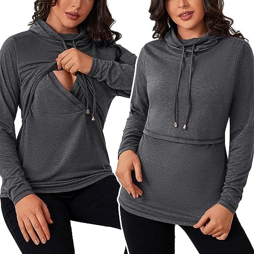 GINKANA Nursing Tops for Breastfeeding Cowl Neck Nursing Sweatshirt Double Layer Pullover Shirts with Drawstring,Dark Grey,S