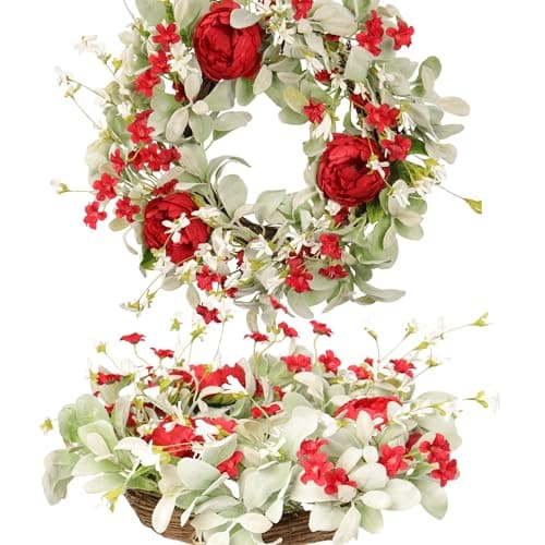 Pudate 20 Inch Red Peony Wreath for Front Door, Romantic Lambs Ear Greenery with White Flowers, Elegant Wedding Decor, Spring Summer Artificial Floral Wall Accent