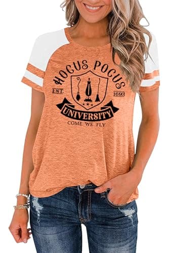 Halloween Shirts Women Hocus Pocus Shirt Funny Pumpkin Heart Graphic Tees Boo Short Sleeve Fall Tops（Orange9,Small）