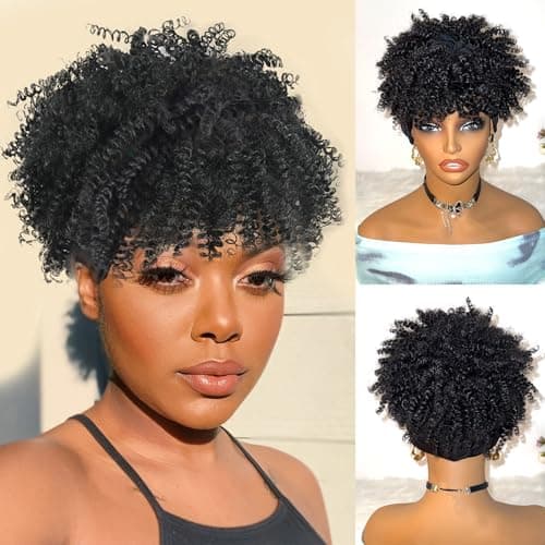 DEYNGS Headband Wig Afro Kinky Headband Wig with Bangs for Women Black Head Wrap 2 in 1 for Women Curly Full Scarf Wigs Synthetic Short Afro Kinky Afro High Puff Wig