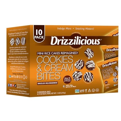 Drizzilicious Mini Flavored Rice Cakes Cookies & Cream - Rice Crisps, Healthy Snack for Adults and Kids, Vegan, Gluten Free Snack, Allergen Free, Only 90 Calories Per Bag - 0.74 oz (Pack of 10)