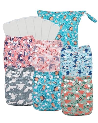babygoal Reusable Cloth Diapers 6 Pack with 6 Inserts & Wet Bag, Washable Pocket Nappy Starter Kit, Baby Girl Diapers with Rayon from Bamboo Inserts