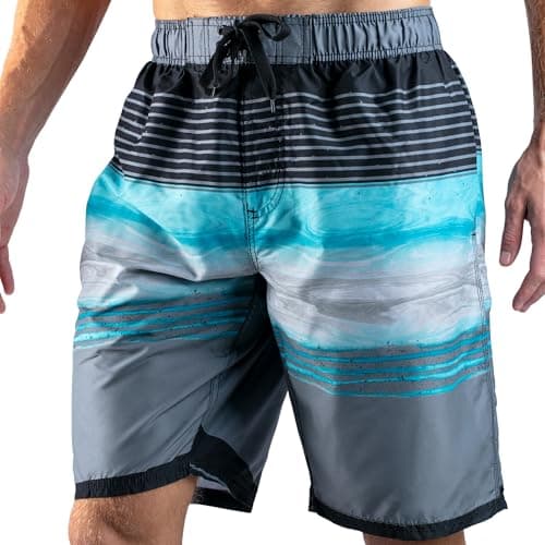 Kanu Surf Men's Mirage Swim Trunks (Regular & Extended Sizes), Moonbeam Black/Aqua, Large