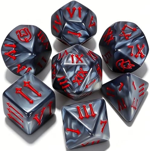 CiaraQ Polyhedral Dice Set, 7 Pieces Acrylic RPG Dice for D&D with Black Velvet Bag – Gray Pearl with Red Roman Numerals – Standard Size – Ages 14+