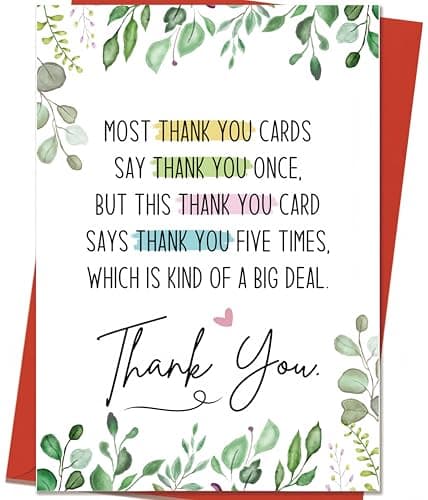 BINVASDS Most Thank You Card with Envelope, Thank you Card with Says Thank You Five Times, Thank You Card Grateful Appreciation Card for Friend Neighbor Coworker Boss