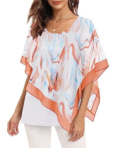SeSe Code Asymmetrical Tops for Women Flowy Casual Dressy Blouses for Weddings Formal Tops for Women Elegant Evening Summer Short Sleeve Shirts 2025 Trendy Work Clothes White Orange Ripple L