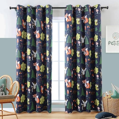 L.Z.E Navy Blue Kids Curtains for Bedroom Nursery, 85% Room Darkening Blackout Thermal Insulated Drapes for Boys Girls Room, Forest Animal Print Grommet Top 2 Panels Set, 52 x 108 Inch