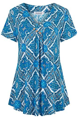 Ninedaily Women's Boho Tops 2025, Bohemian Tunic Summer Short Sleeve Top Loose V Neck Dressy Shirt Blouse Floral Printed,Royal Blue Size XL