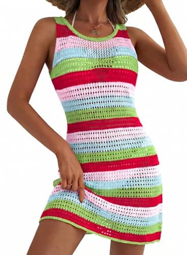 Cakulo Women's Crochet Beach Cover Up Boho Floral Dress Striped Green M