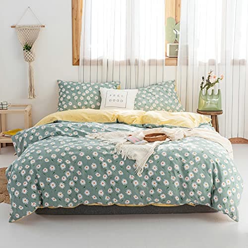 EAVD Garden Daisy Floral Full Size Comforter Set Sage Green Fluffy Microfiber Chic Shabby Floral Bedding Comforter Set with 2 Pillowcases Fresh Botanical Comforter Set for All-Season