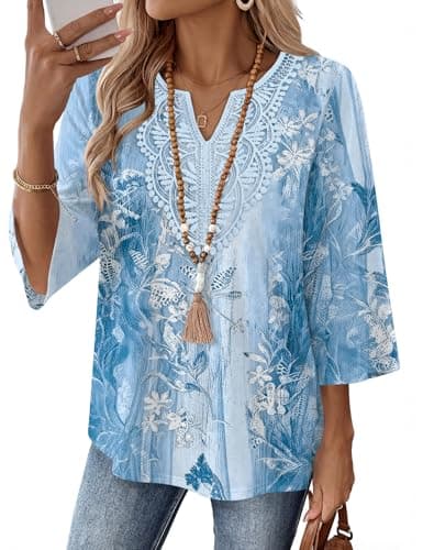 Ivicoer Boho Tops for Women 3/4 Sleeve Blouses for Women V Neck T Shirts Women's Casual Tops Summer Fashion Womens