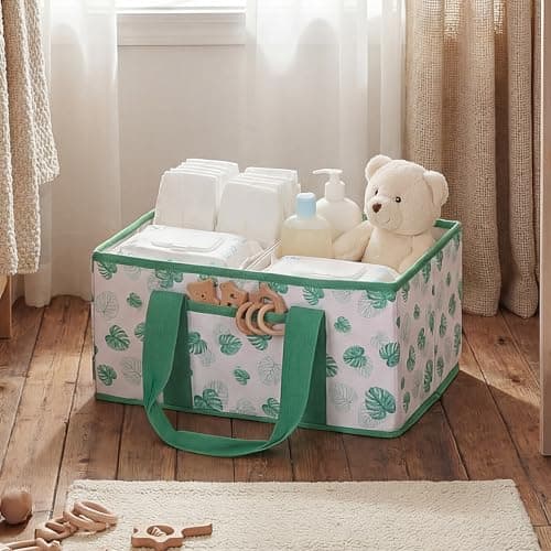 SilTriangle Diaper Caddy Organizer Multiple Compartments Portable Nursery Storage Basket Palm Leaves Diaper Station for Baby Shower Baby hamper and Registry New Mom Newborn
