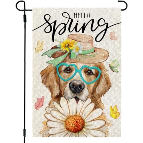 CROWNED BEAUTY Spring Garden Flag Dog Daisy Welcome 12x18 Inch Double Sided Small Seasonal Holiday Golden Retriever Floral Decoration for Outdoor Lawn Yard