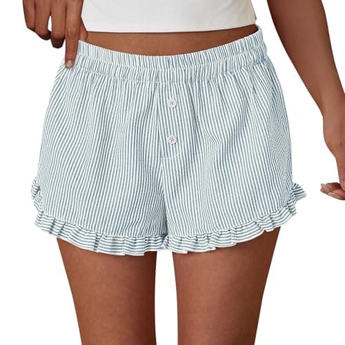 PRETTYGARDEN Womens Boxer Shorts Y2K Ruffle Pajama 2026 Summer Spring Lounge Sleep Striped Casual Beach Pj Bottoms Pockets (Striped Light Blue,X-Large)