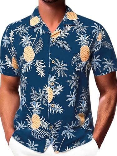 Damipow Mens Unique Pattern Hawaiian Shirt Beach Tropical Button Up Shirts Vacation Cruise Hawaii Summer Clothes,Navy,M