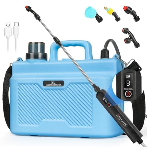Battery Powered Sprayer 2 Gallon, Powerful Electric Garden Sprayer with 3 Speeds Displayed, Battery Indicator, 4 Mist Nozzles, Retractable Wand, Adjustable Shoulder Strap for Lawn Yard and Garden