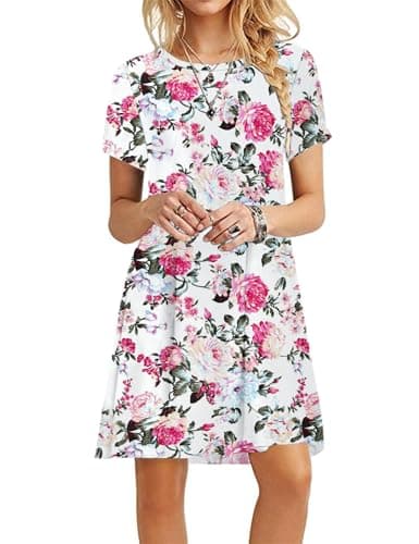 MOLERANI Women's Casual Plain Simple T-Shirt Loose Dress(Floral White Rose,XL)