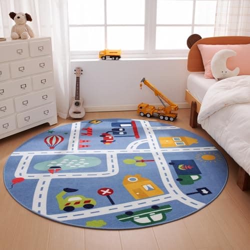 Amazon Basics Kids Washable Round Area Rug, Circle Printed Carpet Play Mat for Living Room, Bedroom, Nursery, Classroom, 4' R, City Road Blue