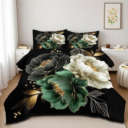 CCoutueChen Floral Comforter Set Queen 3Pcs Black and Green Retro Flower Bedding Set Vintage Aesthetic Elegant Botanical Flowers Bedding Ultra Soft Lightweight Comforter Sets for All Season