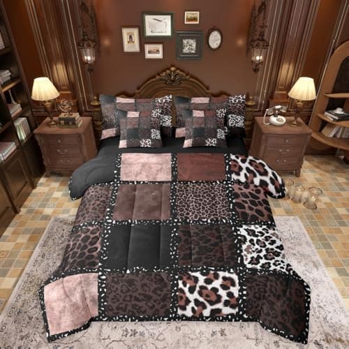 Brown Leopard Print 7 Pieces Bedding Set Twin Size,Animal Skin Texture Bed in a Bag,Patchwork Geometric Bed Set Includes Comforter,Sheet Set,Pillowcases & Pillow Covers,Farmhouse Bedroom Decor