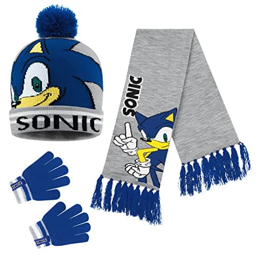 Get Trend Sonic The Hedgehog Beanie Hat Scarf and Gloves Set for Boys (4-15 Years, Blue/Grey Sonic 3 Pcs)