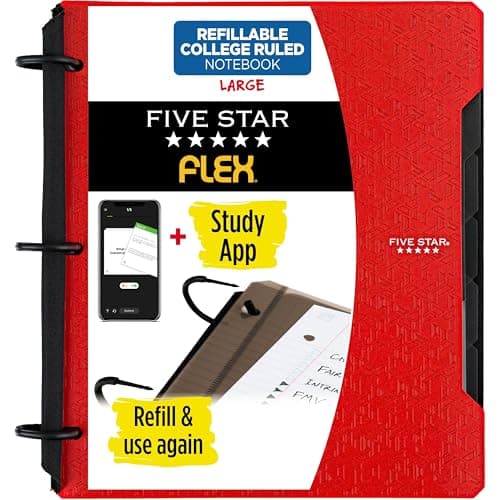 Five Star Flex Refillable Notebook + Study App, College Ruled Paper and 1 Inch TechLock Ring Binder with Pockets, Tabs and Dividers, 200 Sheet Capacity, Fire Red (29328AB2)