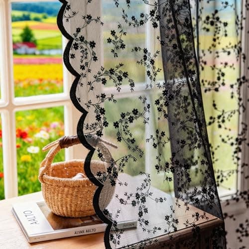 MIMUNULUX Vintage Floral Lace Sheer Curtains 96 Inches Long 2 Panels, Flower Branch Pattern, Scalloped Edge, Easy Rod Pocket, Romantic Drapes for Bedroom Living Room (W52xL63) Black