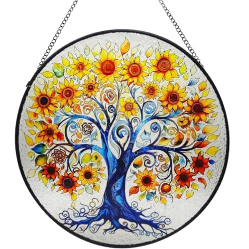 ZUSANG Stained Glass Window Hanging, 9.8" Tree of Life Sun Catchers