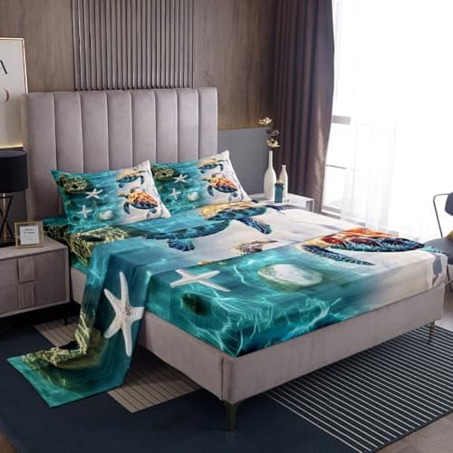 Kids Sea Turtle Sheet Set Full Size Ocean Beach Starfish Bed Sheets Set for Boys Girls Teens Reptile Tortoise Decor Teal Blue Sheets with Deep Pocket Fitted Sheet Women Men Marine Sea Bedding Set