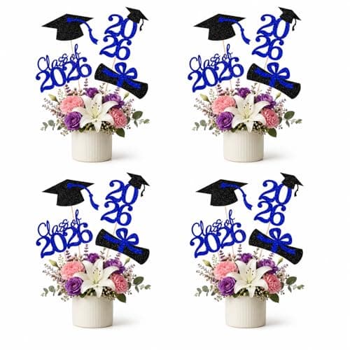 2026 Graduation Table Decorations, 16Pcs Blue Glitter Graduation Party Supplies, Graduation Cake Topper Class of 2026 Grad Centerpiece Sticks for Family Graduation Celebration