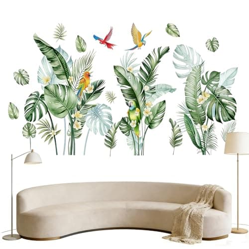 MagiMural Tropical Leaves Wall Decals with Colorful Birds, Peel and Stick Palm Banana Leaf Stickers for Living Room, Bedroom
