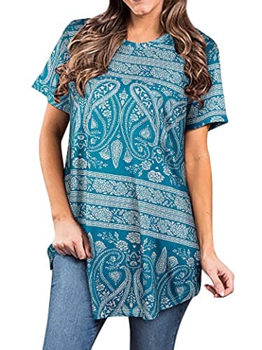 Ezcosplay Womens Tunic Tops Short Sleeve Summer Floral Print Casual Asymmetric Hem Tunic Shirts to Wear with Leggings