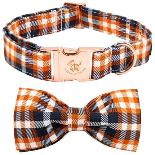 Elegant little tail Fall Dog Collar, Halloween Dog Collar Orange Plaid Pet Collars with Bowtie Puppy Metal Buckle Cotton Girls Boys Adjustable Pet Collars for X-Small Dogs