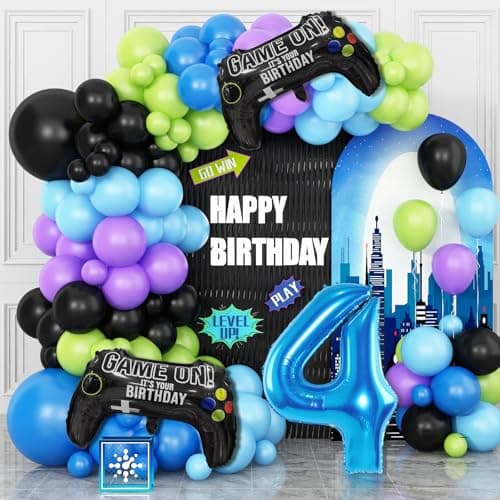 4th Birthday Video Game Balloons Arch, 4th Game Party Balloons Garland Kit 4th Game Birthday Supplies with Blue Number 4 Balloon for 4 Year Old Teens Boys Birthday Decor