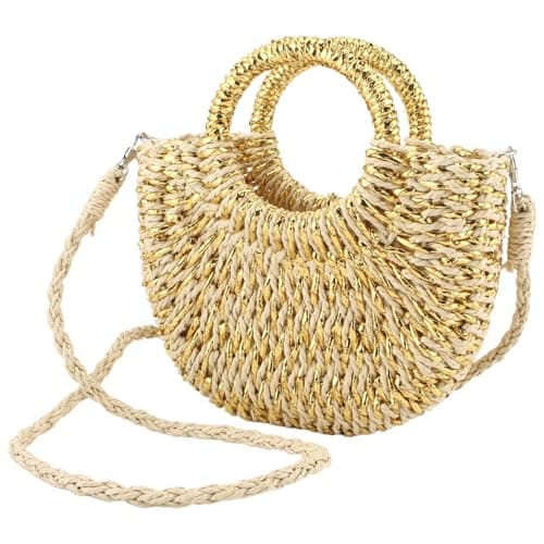 EROUGE Handmade Rattan Straw Beach Tote Handbag, Beige Gold-Thread