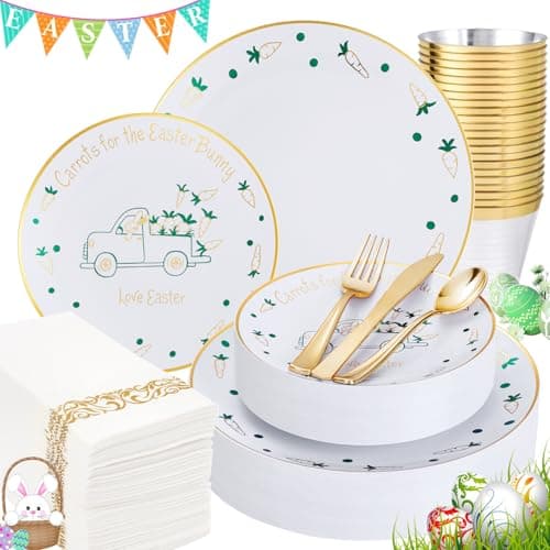 Nervure 175PCS Easter Plastic Plates - White and Gold Plastic Plates Truck and Rabbit Include 25 Dinner Plate,25 Dessert Plate,75 Gold Silverware, 25 Napkins, 25 Cups for Easter Party