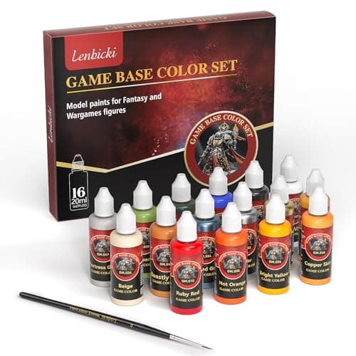 lenbicki Professional Miniature Paint Set 16 Highly Pigmented Acrylic Colors Models Paints Kit with 1 Kolinsky Brush for Fantasy Wargames Figures (20ml 0.67 Fl Oz)