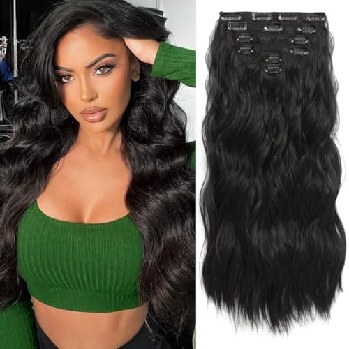 Clip in Hair Extensions, 6 Pcs Long Wavy Curly Clip on Hair Extensions for Women 20 Inch Synthetic Hairpieces for Daily Wear Party Wedding (Black)