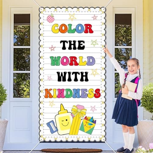 gisgfim Composition Notebooks Door Cover Back to School Hanging Banner Color the World with Kindness Classroom Decor Pencil Bow Lin Door Porch Sign for First Day of School Supplies