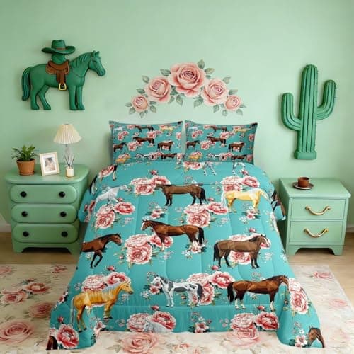 Horse Bedding Set Queen Chic Retro Blossom Comforter Set For Kids Girls Teens Galloping Horse Comforter Romantic Aesthetic Style 3D Wild Farm Animal Duvet Set Bedroom Decor Quilt Set, Green Pink