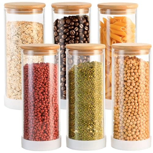TBWIND 34oz Round Glass Storage Containers with Bamboo Lids – 6 Pack Medium Clear Food Airtight Glass Jars for Pantry Organizers and Storage, Kitchen Dry Food, Flour, Cereal, Coffee Beans & Staples