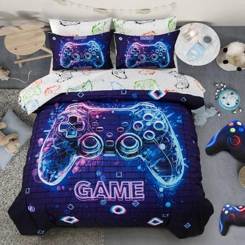 A Nice Night 5Pcs Gaming Comforter Set,Blue Purple 3D Game Contoller Themed Printing Bedding Sets for Kids Teen Boys, Reversible Comforter for All Seasons,Twin