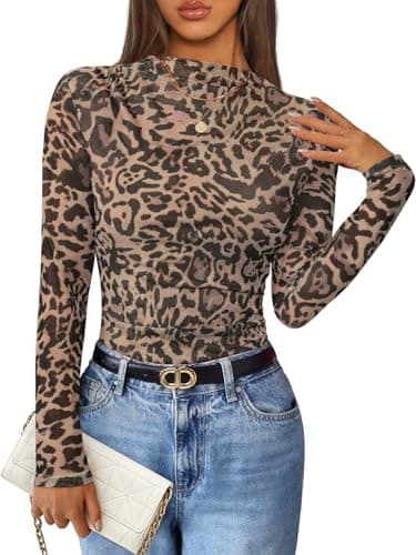 ZESICA Womens Floral Long Sleeve Tops Mesh Fitted Shirts Leopard Brown XL