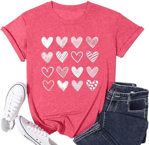 VVNTY Valentines T Shirts for Women Cute Valentine Heart Print Graphic Tees Casual Short Sleeve Top