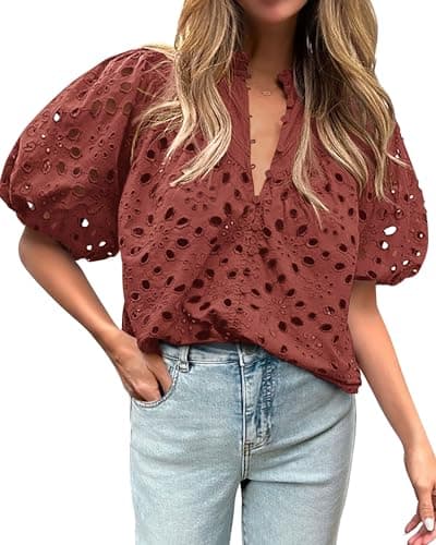 BTFBM Womens Blouses Summer Hollow Out Eyelet Embroidery Tops V Neck Buttons Puff Sleeve Boho Shirts Spring Fashion 2026(Brown Red, XX-Large)