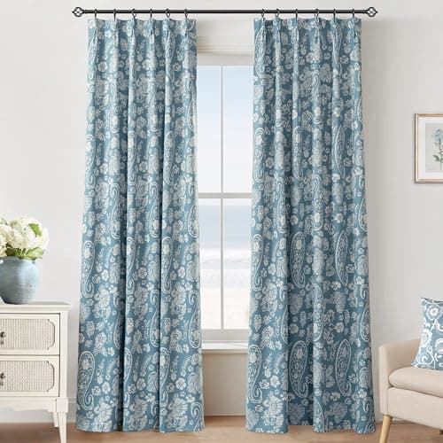 Dusty Blue Floral Coastal Blackout Curtains, Light Blue White Patterned Thermal Insulated Pinch Pleated Drapes for Summer Heat, Grey Blue Vintage Beachy Curtains for Living Room Bedroom 84 Inch Long