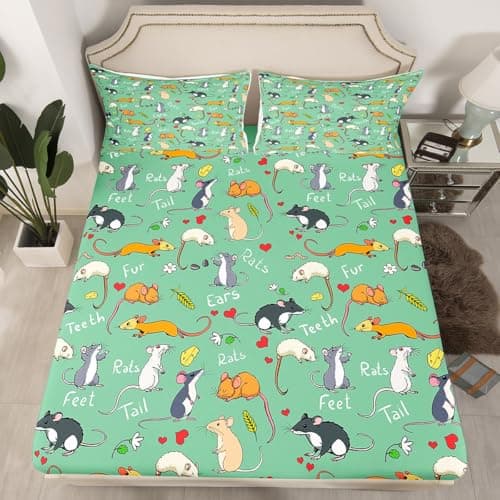 Erosebridal Kids Rat Sheet Set Twin Size Mouse Rodents Bedding Set Funny Animal Love Heart Fitted Sheet for Boys Girls Children Cartoon Style Bed Sheet for Living Room, Teal Blue(No Top Sheet)